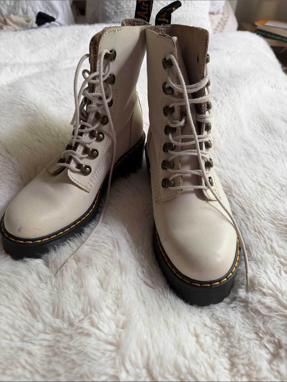 Dr. Martens Cream Lace-Up Combat Boots with Black Lug Sole